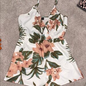 SHEIN White Tropical Floral Romper with Peach & Green Print